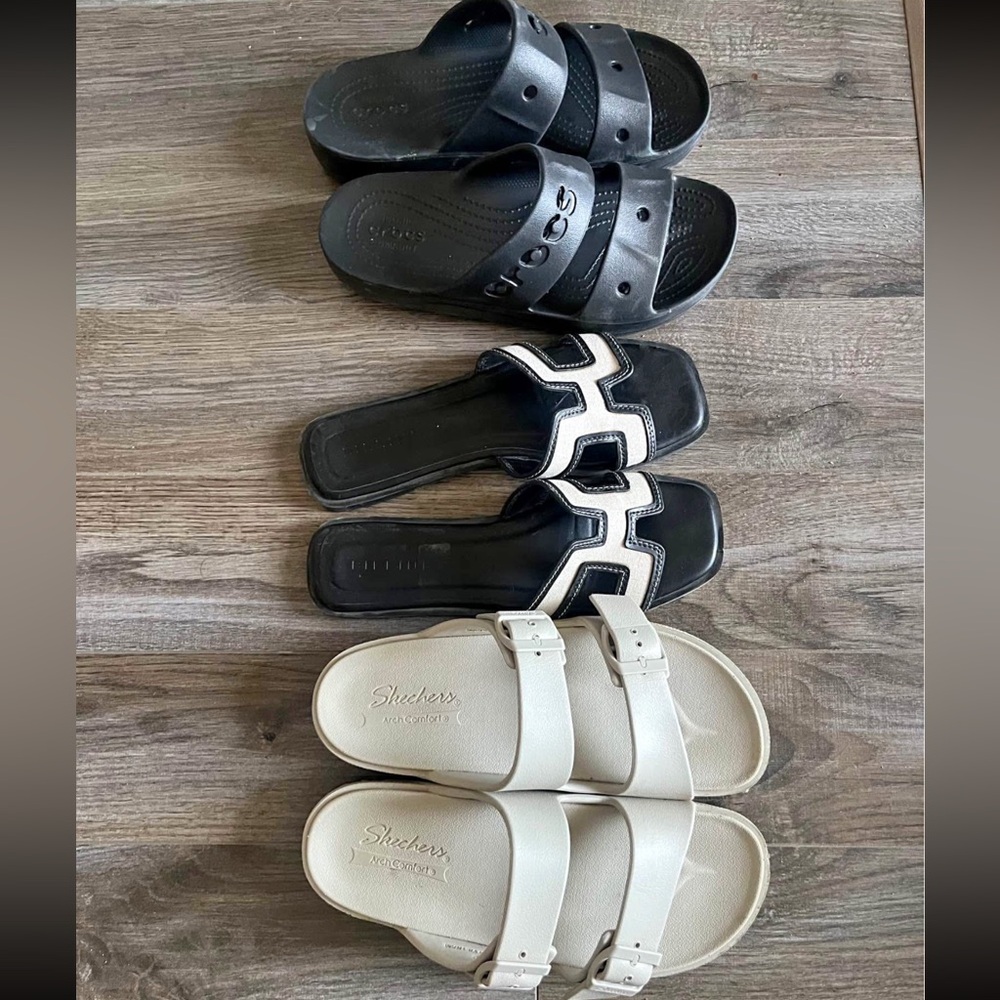 Skechers Black and Cream Slide Sandals